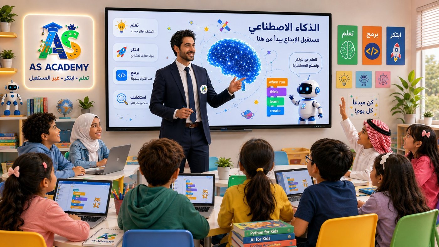 طالب يتعلم البرمجة والذكاء الاصطناعي في AS Tech Academy، وحوله عناصر البرمجة والروبوتات والذكاء الاصطناعي وتطوير الويب والألعاب